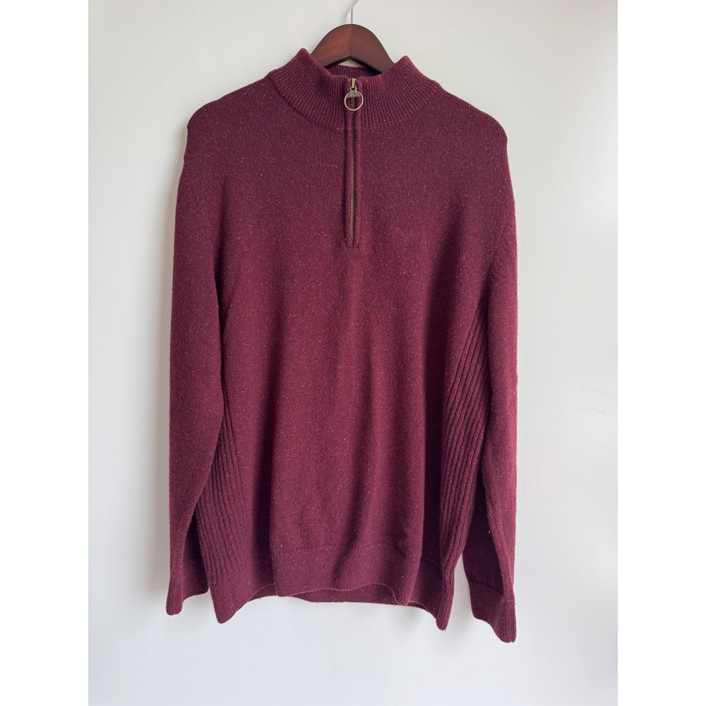 Barbour Men 1/4 Zip Sweater Burgundy Marl Knit Ribbed Pullover Large Jumper mock